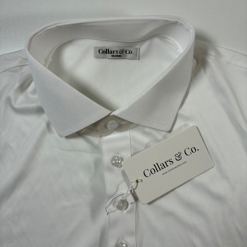 NEW Collars & Co. Dress Collar Polo Medium Solid White Performance Short Sleeve